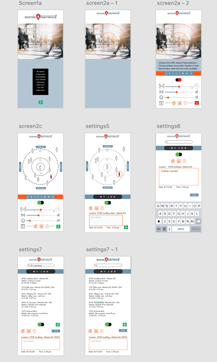 Social Distance App Hi-Fi Wireframe